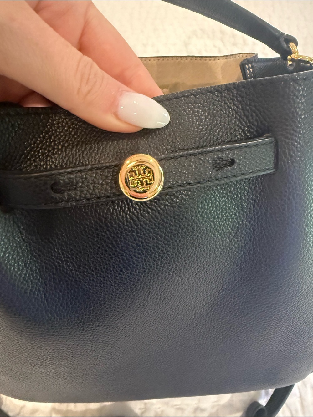 Like NEW - Tory Burch Black Pebbled Leather Drawstring Satchel with Gold-Tone - Picture 7 of 13